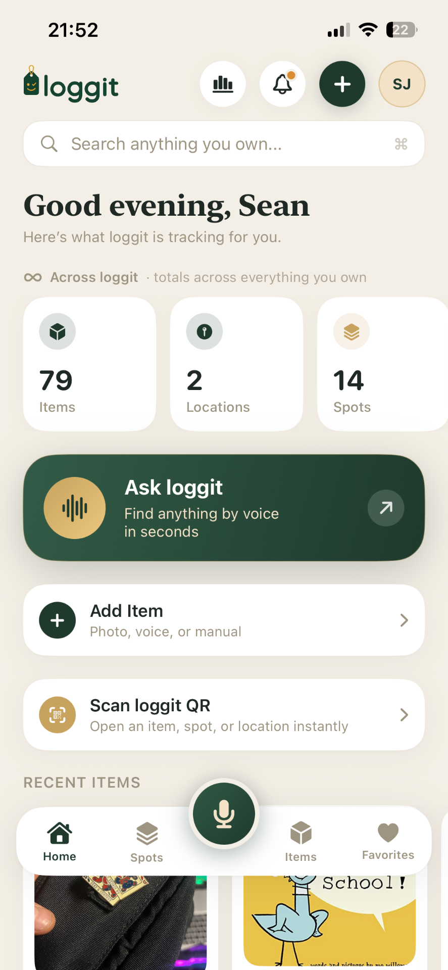 loggit home screen showing all your locations and items at a glance